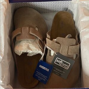 Birkenstock Boston BS Taupe Suede Soft Footbed Mules Shoes Slides Clogs